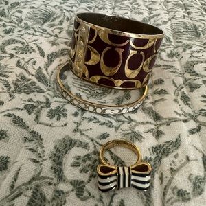 Coach Logo Gold Jewelry Bangle Bracelet & Enamel Stripe Bow Ring Lot Size 6 CUTE